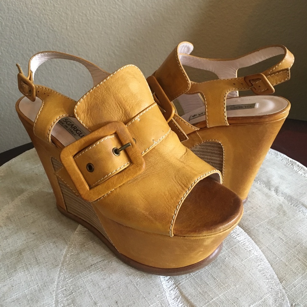 Mustard Italian Leather Wedges by Guido Sgariglia